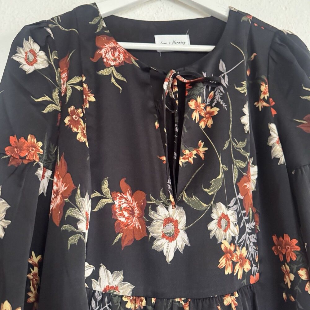 Love + Harmony Dress Oversized Sz M L Black Floral Ruffle Mini Boho Chic Cottage - Picture 2 of 16